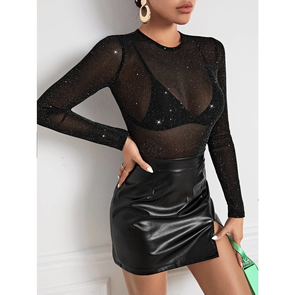Long sleeve Glitter Sheer Mesh Top Without Bra black